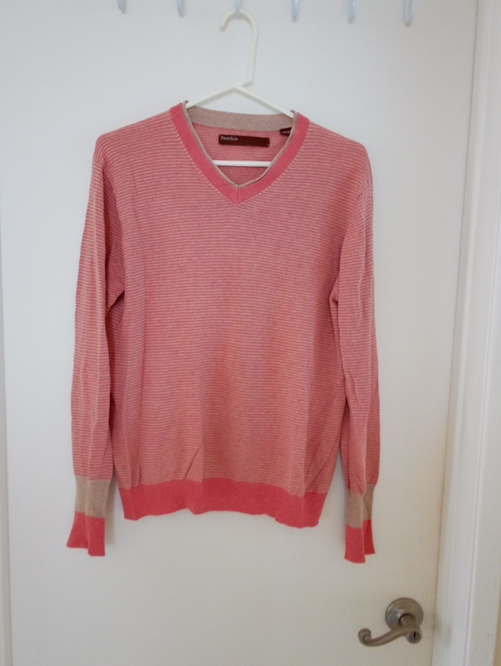 Unisex Perry Ellis Men’s Pink Striped V-Neck Sweater with Cream Trim